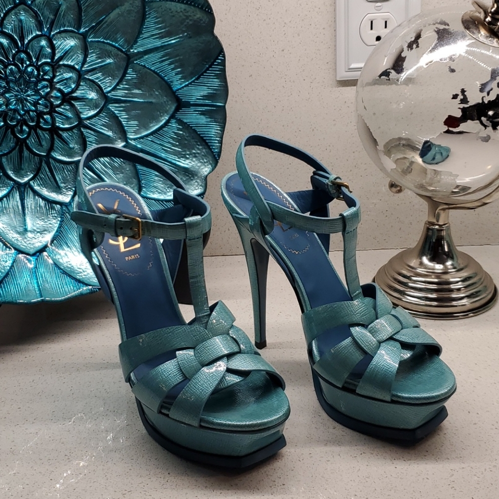YSL Tribute shiny Aqua-blue pumps 105MM (sz 38/8)